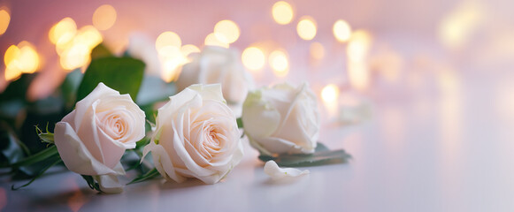 Serene bouquet of white roses against a gentle, luminous backdrop.