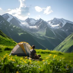 Man camping in a lush green valley with a tent, enjoying a sunny summer day in the mountains