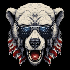 Vector drawing for t-shirt. 
Ferocious white bear with glasses 
with american flag on black background. 
Fashionable print for fabric, paper, men clothing,
hoodie, biker jacket.