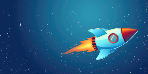 Electric blue banner with a rocket on the side with space for copy space.