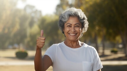 smiling silver ager caucasian latina woman in white shirt, smiling raising thumb in a park, 16:9 - obrazy, fototapety, plakaty