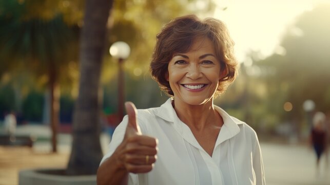 smiling silver ager caucasian latina woman in white shirt, smiling raising thumb in a park, 16:9