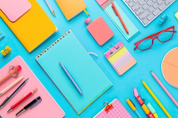 A stylized flat lay of colorful stationery and gadgets on a desk, ideal for showcasing productivity and organization 
