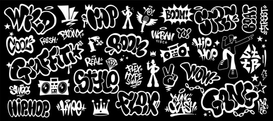 rap music graffiti hip hop culture symbols icon set , vector design element