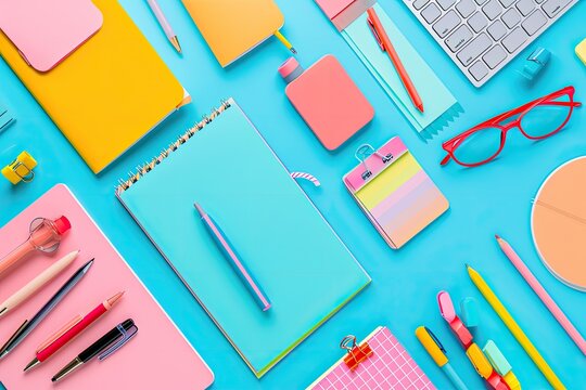 A stylized flat lay of colorful stationery and gadgets on a desk, ideal for showcasing productivity and organization 