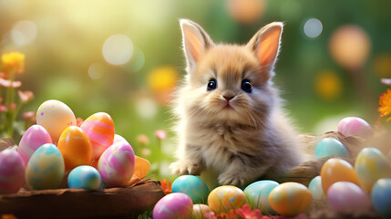 an Easter bunny with a bow tie and a basket full of painted eggs, creating a cute and realistic wallpaper that brings a touch of whimsy to the holiday, captured in high definition