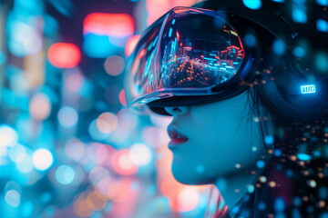 closeup VR gamer, double exposure with the beautiful sci-fi city, neon tone