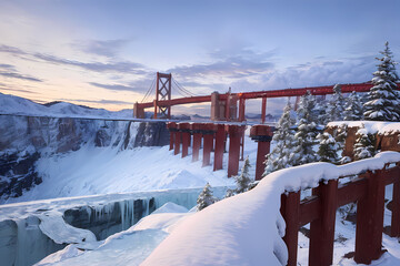 Red that stands out in the snowy scenery. Generative AI.