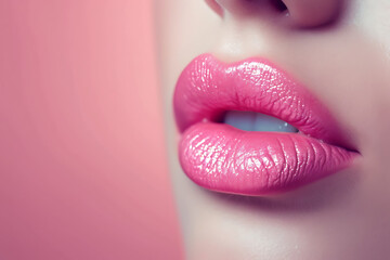 Beautiful woman, close up on the lips with pink lipstick, fashion photography, cosmetics - obrazy, fototapety, plakaty