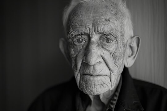 An aged man's face tells the story of a life well-lived, each wrinkle a mark of experience etched upon his skin, his monochrome portrait a timeless reflection of wisdom and resilience