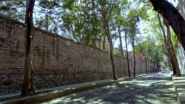 Cobbled street also known as Magisterio Nacional in the historic center of Tlalpan, Mexico city, Mexico. 