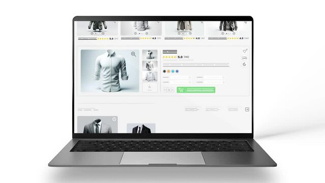 Men clothing website animation. E-commerce and shopping products. Sales show of costume. Laptop mockup