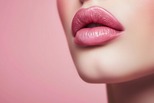 Beautiful woman, close up on the lips with pink lipstick, fashion photography, cosmetics
