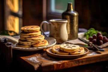 Experience the delightful taste of Welsh cake, expertly served on a wooden table. This traditional treat captures the essence of warm and comforting sweetness.