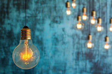 Hanging lightbulbs against a blue background