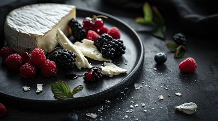 Une assiette de fromage et fruits rouges sur une table - obrazy, fototapety, plakaty