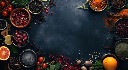 Assortiment d'épices et de légumes frais sur un fond noir en ardoise, image avec espace pour texte