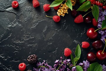 Assortiment de fruits rouges sur un fond noir en ardoise, image avec espace pour texte - obrazy, fototapety, plakaty