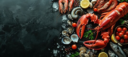 Assortiment de fruits de mer sur un fond noir en ardoise, image avec espace pour texte - obrazy, fototapety, plakaty