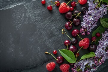 Assortiment de fruits rouges sur un fond noir en ardoise, image avec espace pour texte - obrazy, fototapety, plakaty