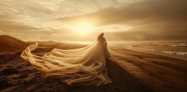Wide shot image of newly weds walking on beach.