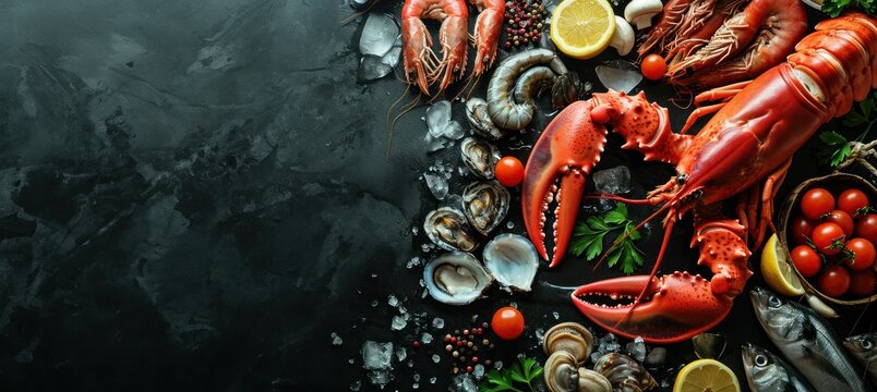 Assortiment de fruits de mer sur un fond noir en ardoise, image avec espace pour texte