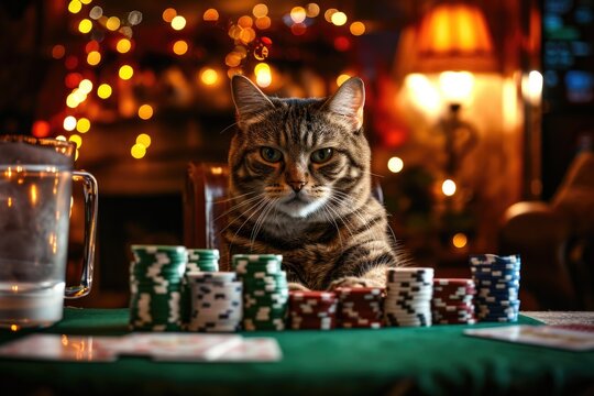 A regal felidae lounges at an indoor table, fully immersed in a game of poker with her fellow animal companions