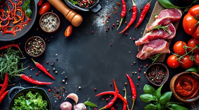 Assortiment d'épices, de viande et de légumes frais sur un fond noir en ardoise, image avec espace pour texte