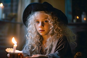 Portrait of Little girl witch in witches hat with candle makes a spell. Halloween concept