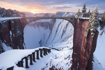 Mountain valley covered with snow. Generative AI.