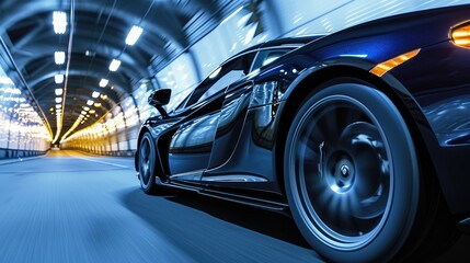 Fast luxury expensive supercar on the roads of a night urban, futuristic car of the future, filming...