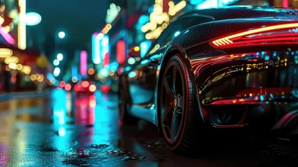 Foto op Canvas Fast luxury expensive supercar on the roads of a night urban, futuristic car of the future, filming in motion © Gizmo