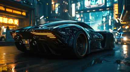 Stof per meter Fast luxury expensive supercar on the roads of a night urban, futuristic car of the future, filming in motion © Gizmo