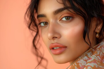 Beautiful Indian woman with peach lips and eye shadow on the peach background with copy space