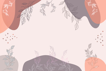 Elegant aesthetic floral birthday greeting card blank or wedding invitation mockup  with frame from spots of abstract shapes. Flat lay. Free copy space. 