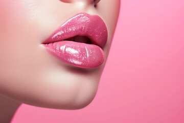 Beautiful woman, close up on the lips with glossy pink lipstick, fashion photography, cosmetics - obrazy, fototapety, plakaty