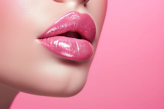 Beautiful woman, close up on the lips with glossy pink lipstick, fashion photography, cosmetics