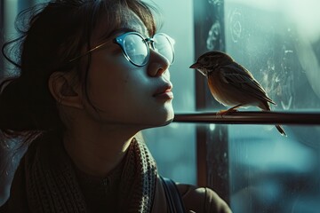 A girl in winter, her glasses fogged with warmth, gazes at a bird with a human-like face, lost in wonder at the delicate connection between woman and nature