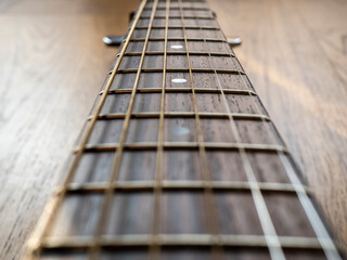 Perspective view of guitar neck.