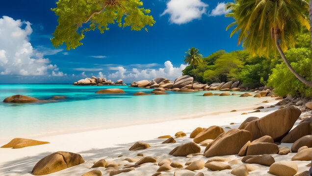 Magnificent sunny beach in Seychelles banner © tanya78