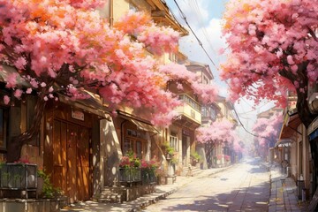 a street adorned with blossoms. Generative AI