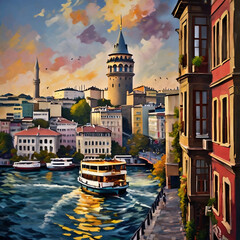 Panoramic view of Istanbul from the Golden Horn at sunset. Digital painting on canvas - obrazy, fototapety, plakaty