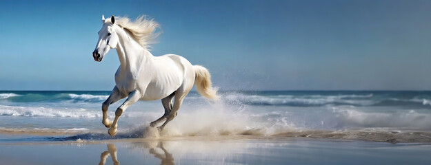 Majestic white horse galloping on a sunny beach. The horse's mane flows in the wind as it moves powerfully along the shore, its hooves kicking up the sand. Panorama with copy space.