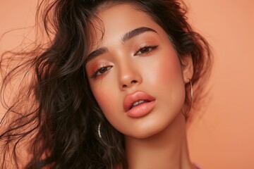Naklejka premium Beautiful Indian woman with peach lips and eye shadow on the peach background