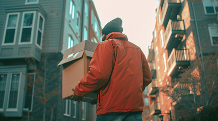 Fototapeta premium Back view of Delivery man courier delivering cardboard box package in winter.