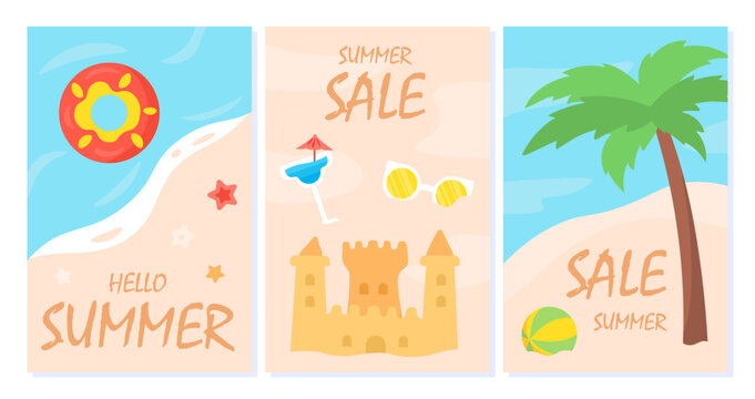 Banners with summer sale set. Promotions and discounts. Coastline and sand beach with castle and palm tree. Tropical and exotic scene. Cartoon flat vector collection isolated on white background