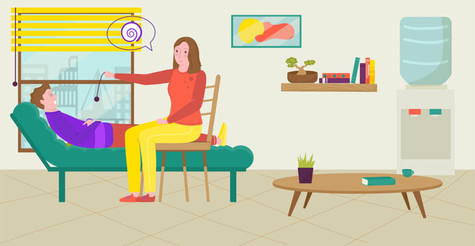 Female therapist with pendulum hypnotizing male patient. Hypnotherapy session in cozy room with plants. Psychology, mental health, and modern therapy vector illustration.