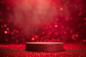 Luxury red podium against sparkle, glitter, blurred lighting on red elegant background. Design for Chinese New Year celebration, advertising or product presentation, copy space - generative ai
