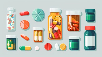 Different medical pills and bottles, healthcare and shopping, pharmacy, drug store. Vector illustration in flat style - obrazy, fototapety, plakaty