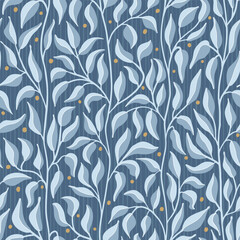 Calming light blue climbing leafy vines seamless vector pattern, great for textile, fabric, packaging